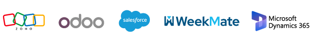 Logos of top business and productivity software: Zoho, Odoo, Salesforce, WeekMate, and Microsoft Dynamics 365
