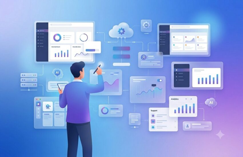 ERPocean Odoo ERP support services banner with business automation, CRM integration, inventory management, workflow optimization, cloud ERP solutions, and analytics dashboard in blue and purple theme